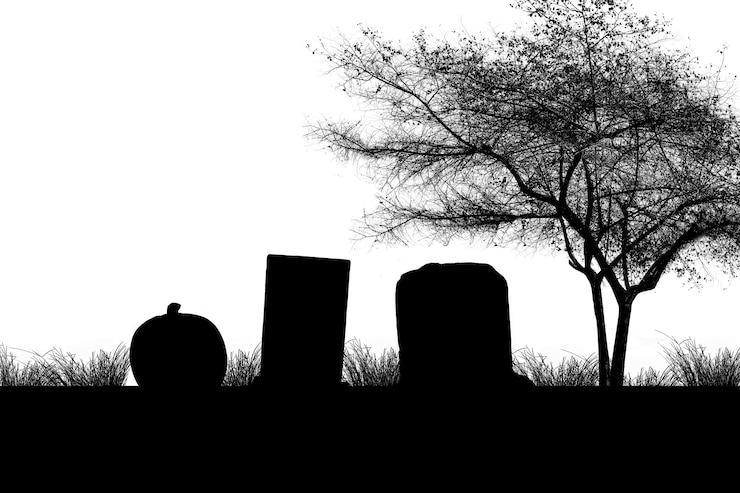 Foto silhouette del cimitero con lapidi e alberi con sfondo bianco. concetto di halloween