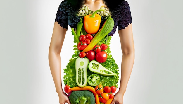 Silhouette del corpo umano fatta di verdure su sfondo bianco Nutrizione sana dieta stile di vita