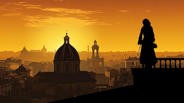 Silhouette dell'antica architettura italiana vista da un tetto di Roma all'alba