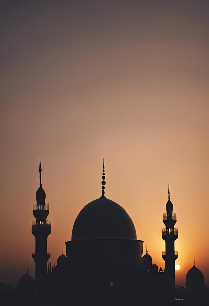 Silhouette dell'edificio della moschea con il tramonto per l'Eid al-Fitr sullo sfondo