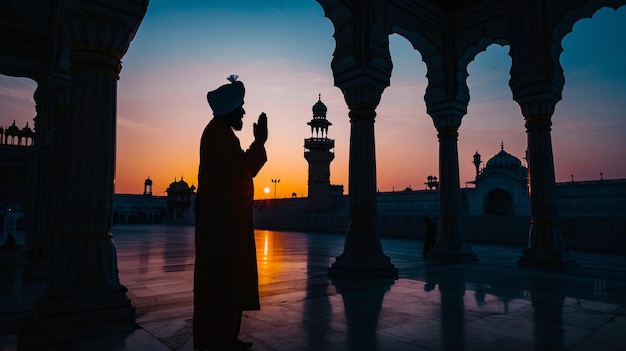 Silhouette della devozione sikh in un santuario dell'Asia meridionale