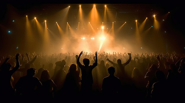 Silhouette della folla del concerto davanti alle luci del palco luminoso Sfondo scuro concerto di fumo riflettori palla da discoteca Folla al concerto Generative Ai