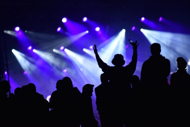 Silhouette della folla del concerto davanti alle luci del palco
