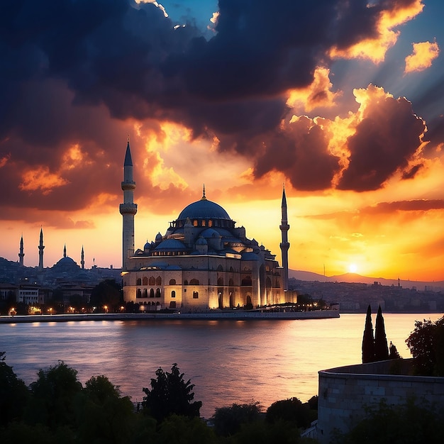 Silhouette della moschea di Suleymaniye al tramonto con drammatiche nuvole Ramadan o foto di concetto islamico