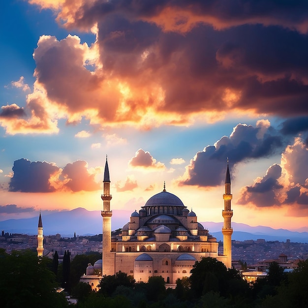 Silhouette della moschea di Suleymaniye al tramonto con drammatiche nuvole Ramadan o foto di concetto islamico