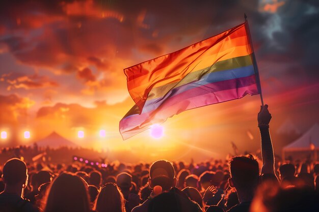 Silhouette della parata dell'orgoglio persone e bandiera dell'arcobaleno orgoglio LGBTQ