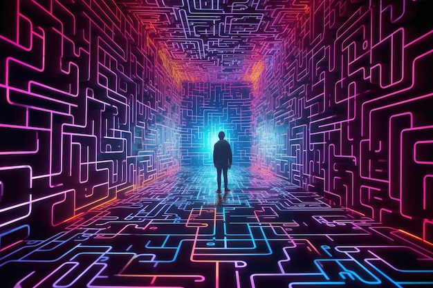 Silhouette della persona persa nel mondo digitale Labirinto nel cyberspazio IA generativa