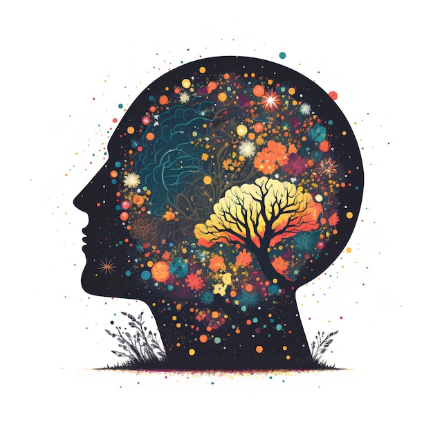 Silhouette della testa umana con albero in fiore astratto all'interno dell'IA generativa