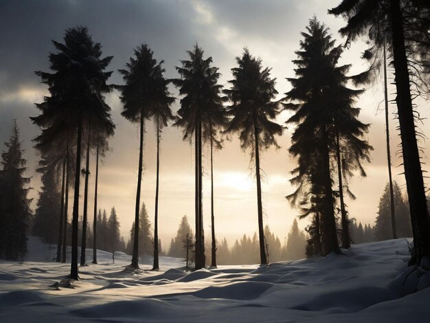 silhouette di alberi e neve nella foresta Digitl Ai