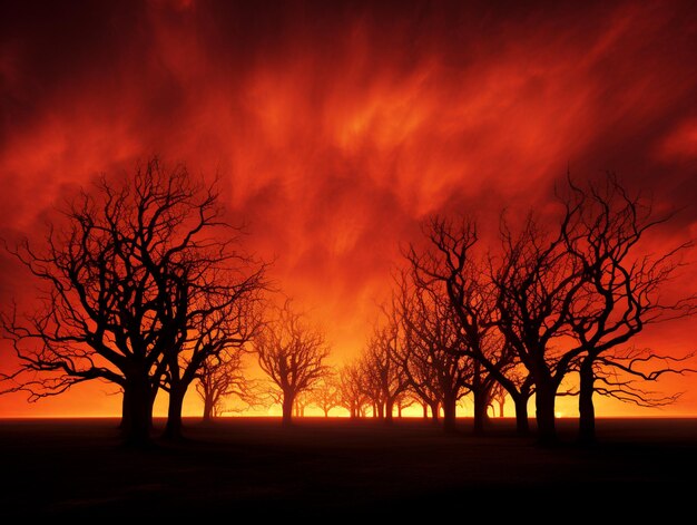 Silhouette di alberi in fiamme contro il cielo ardente del tramonto