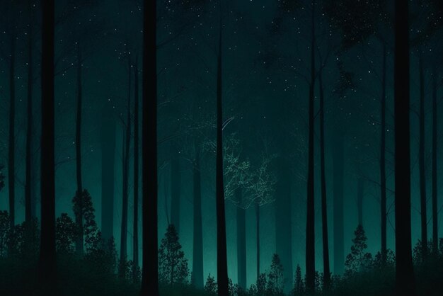 Silhouette di alberi in una foresta buia di notte con sfumature di verde scuro
