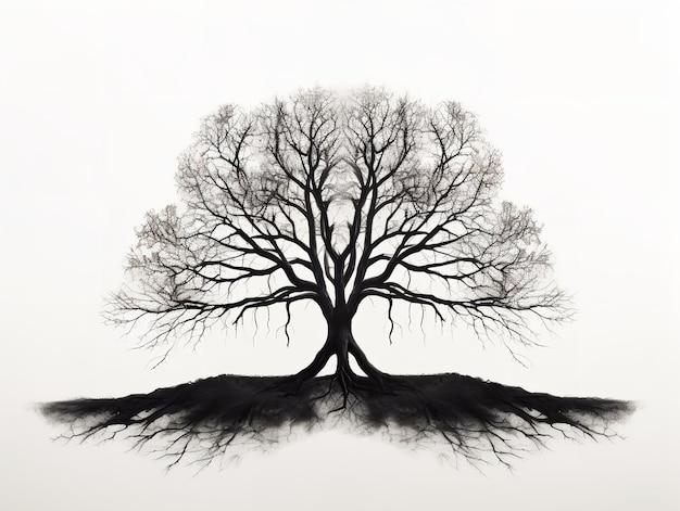 Silhouette di albero con radici profonde, stabilità e crescita isolate su sfondo bianco generato da AI