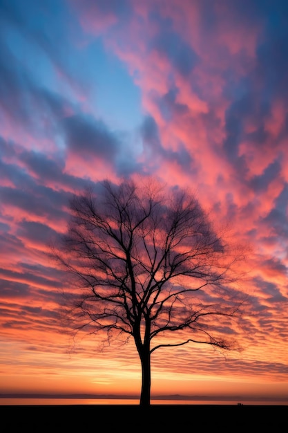Silhouette di albero contro un cielo al tramonto creato con l'AI generativa