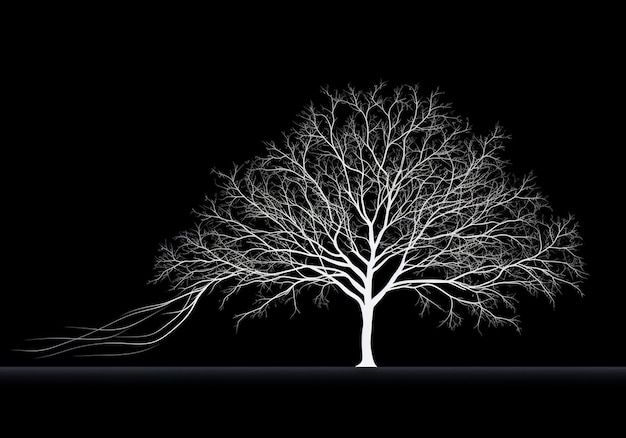 Silhouette di albero in bianco isolato su sfondo nero concetto di minimalismo generato dall'AI