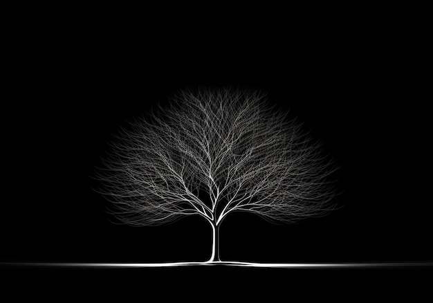 Silhouette di albero in bianco isolato su sfondo nero concetto di minimalismo generato dall'AI