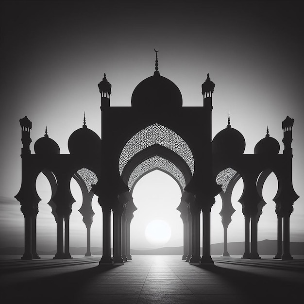 Silhouette di archi islamici in tono monocromatico contro il cielo gradiente per un'atmosfera serena
