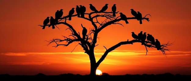 silhouette di avvoltoi che si posano su un albero di acacia al tramonto nel Masai Mara del Kenya