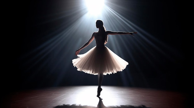 Silhouette di ballerina di balletto in un fascio di riflettori sullo sfondo scuro prima ballerina assoluta che balla sul palco del teatro AI generativa