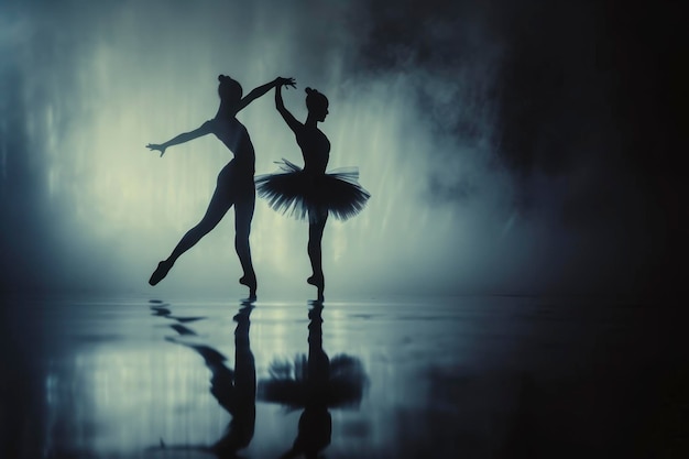silhouette di ballerini su un palco illuminato sullo sfondo generativo ai