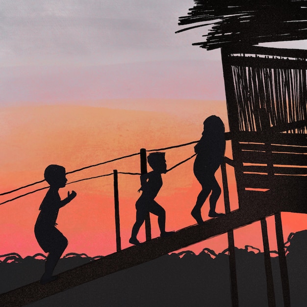 Silhouette di bambini al tramontoAvventure di bambiniillustrazione disegnata a mano