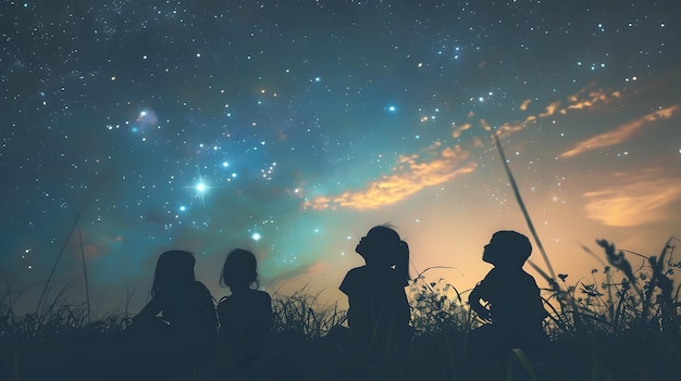 Silhouette di bambini che fissano con ammirazione il cielo stellato notturno evocando un senso di meraviglia