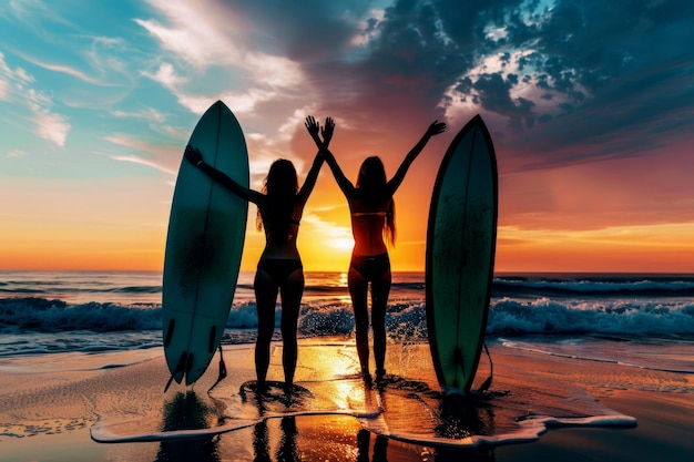 Silhouette di belle persone che posano su una spiaggia al tramonto con le tavole da surf