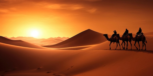 Silhouette di carovana di cammelli attraverso le dune di sabbia nel deserto del Sahara in Marocco