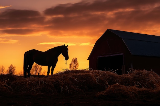 Silhouette di cavallo che mangia fieno all'ora d'oro creata con l'IA generativa