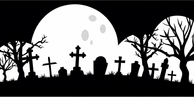 Foto silhouette di cimitero infestato con luna piena e pipistrelli volanti ideale per la festa a tema di halloween