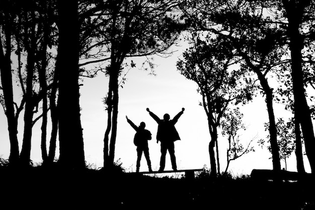 silhouette di coppia di amore in alberi di confine, schiena e tono bianco
