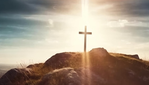 Silhouette di croce cristiana sulla collina pace e simbolo spirituale del popolo cristiano Ispirazione speranza e concetto di risurrezione