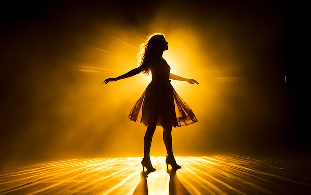 Silhouette di donna che balla al buio con una luce del bordo Danza concetto di fondo