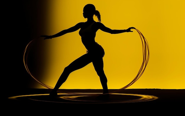 Silhouette di donna che balla al buio con una luce del bordo Danza concetto di fondo