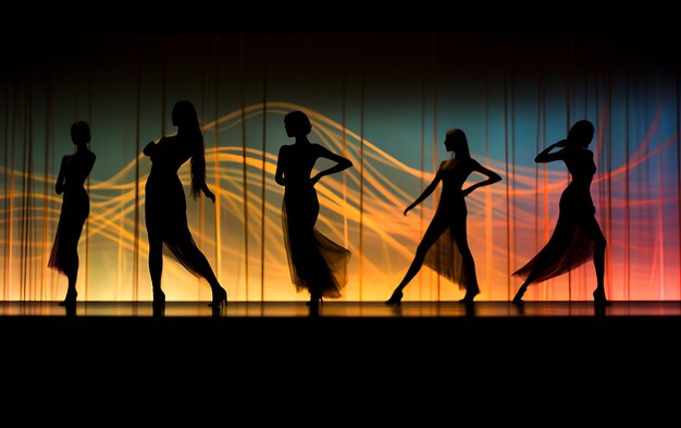 Silhouette di donna che balla al buio con una luce del bordo Danza concetto di fondo