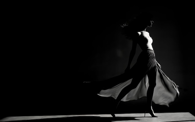 Silhouette di donna che balla al buio con una luce del bordo Danza concetto di fondo