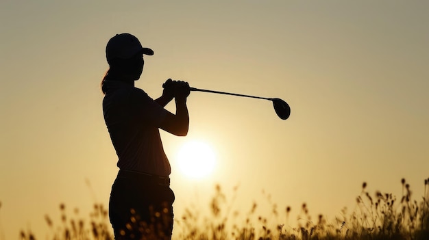 Silhouette di donna che gioca a golf sul campo