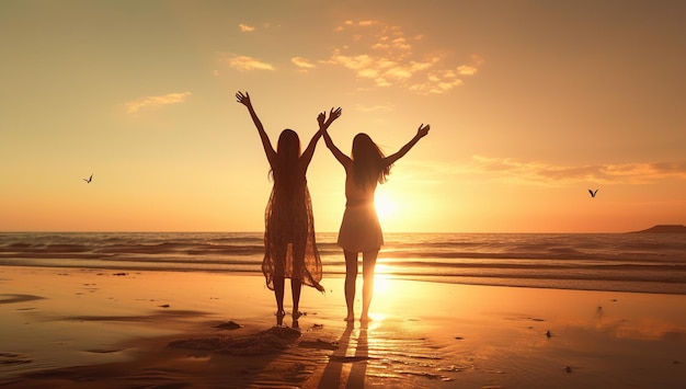 Silhouette di donna che si diverte sulla spiaggia del mare