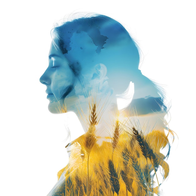 Silhouette di donna cielo e campo di grano Illustrazione a doppia esposizione Simbolo dell'Ucraina