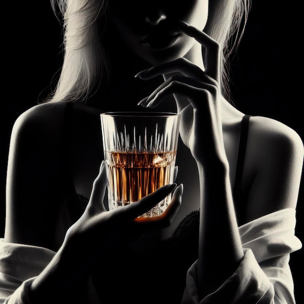 silhouette di donna con bevanda alcolica su sfondo nero ai generativo
