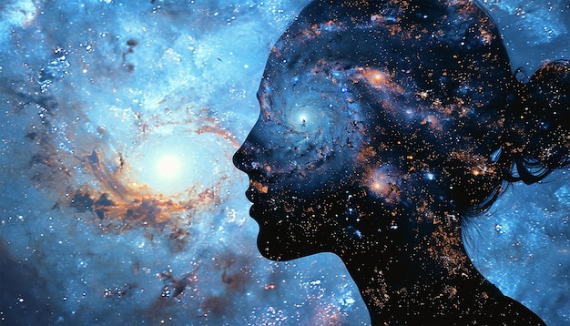 Silhouette di donna in meditazione con universo galattico vita spirituale concetto zen sognatore bellezza scienza