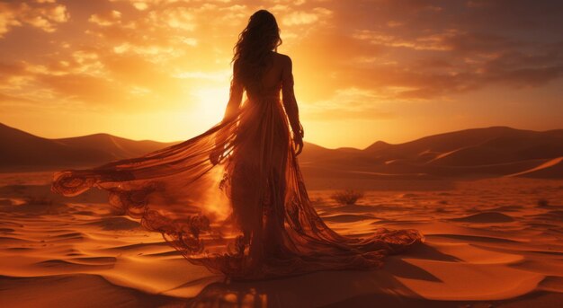 silhouette di donna nel deserto che cammina al tramonto