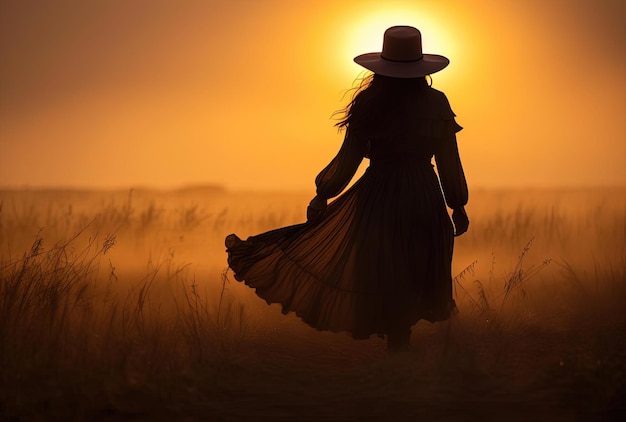 silhouette di donna sul campo fuori durante il tramonto silhouette immagini stock immagini royalty-free