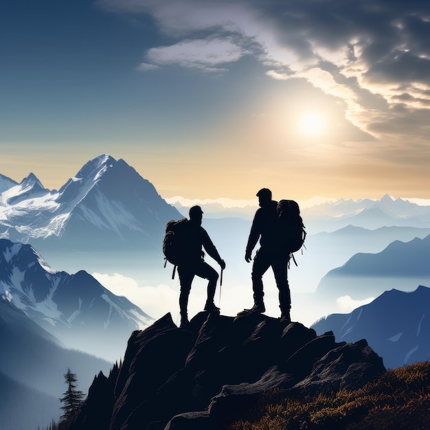 silhouette di due escursionisti in montagna