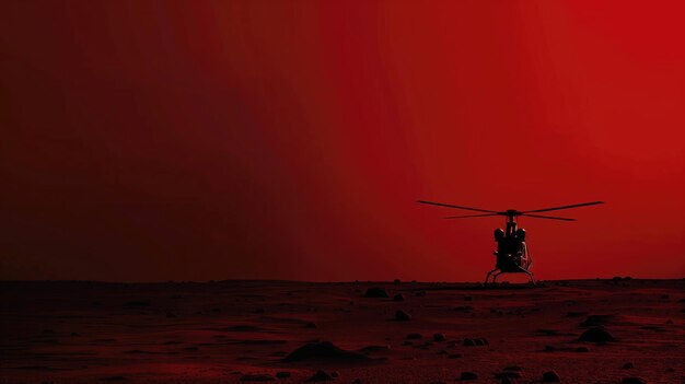 Silhouette di elicottero su un paesaggio marziano rosso