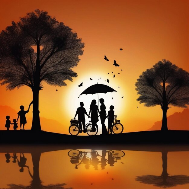 silhouette di famiglia felice sullo sfondo della carta da parati al tramonto