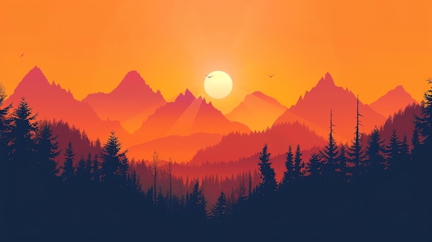 Silhouette di foreste e montagne al tramonto