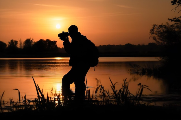 Silhouette di fotografo con fotocamera su treppiede su sfondo tramonto IA generativa