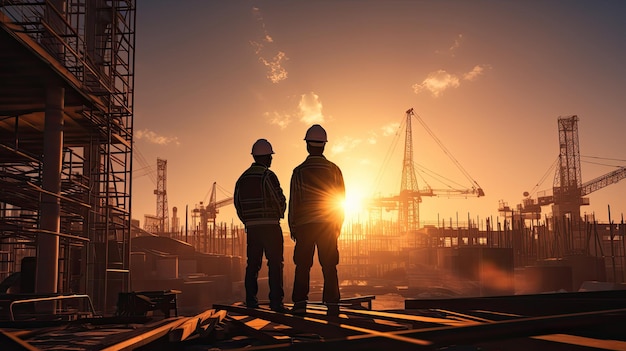 Silhouette di ingegnere e lavoratore in cantiere al tramonto in orario serale