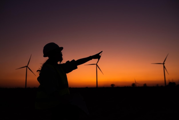 Silhouette di ingegnere femminile che lavora e tiene il rapporto presso l'azienda agricola di turbine eoliche Power Generator Station su mountainThailand persone