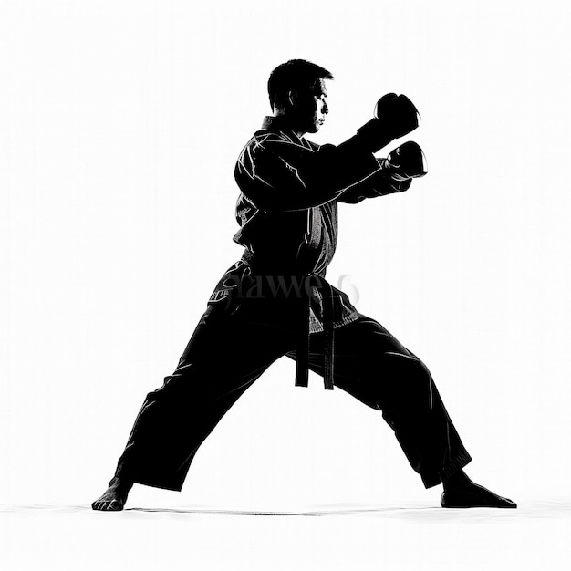 Silhouette di karate TKD sull'allenamento di disciplina di autodifesa delle arti marziali bianche